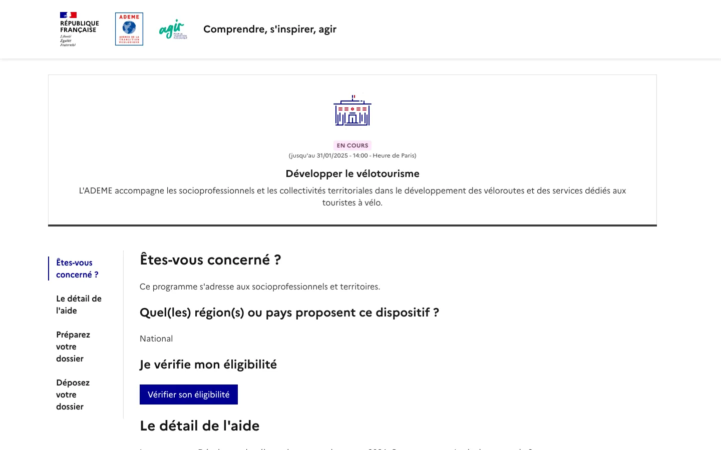 Prototype DPLIANCE pour l'ADEME : page d'un dispositif d'aide avec vérification d'éligibilité en ligne