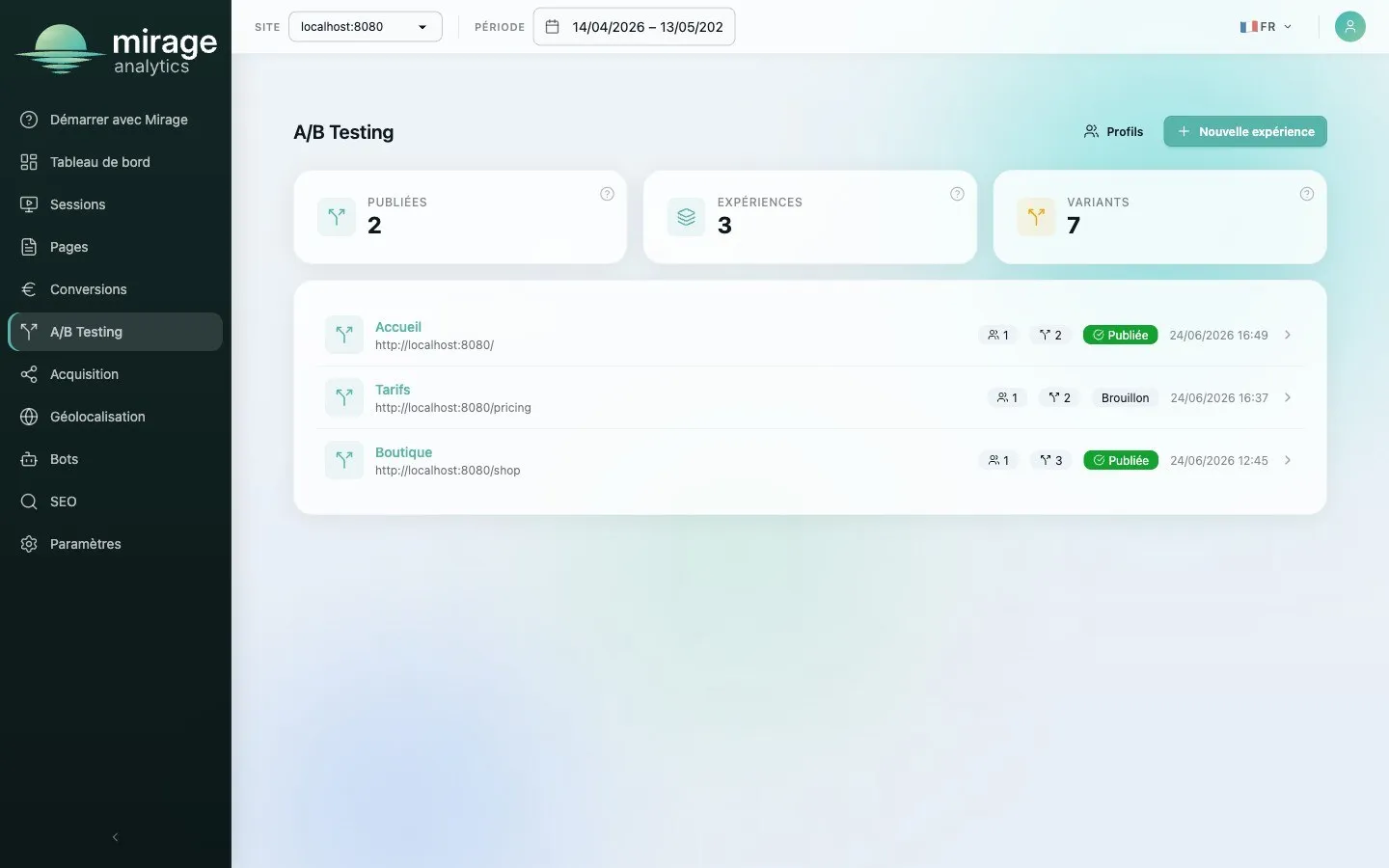 Interface Mirage Analytics : comparaison de variantes A/B avec taux de conversion mesurés